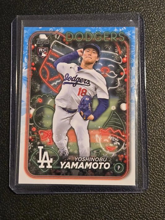 Baseball trading card of Yoshinobu Yamamoto in holiday-themed Dodgers uniform, 2024 Topps H88b