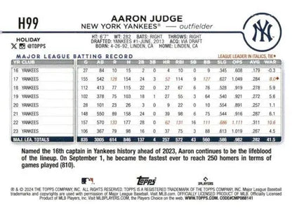 Original gloss 2024 Topps Holiday H99 Aaron Judge Yankees baseball card image