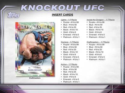 Trading card advertisement for 2024 Topps Knockout UFC with pricing and rarity tiers