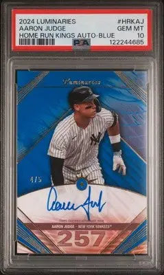 Graded Aaron Judge Home Run Kings baseball card with blue auto in 2024 Topps Luminaries