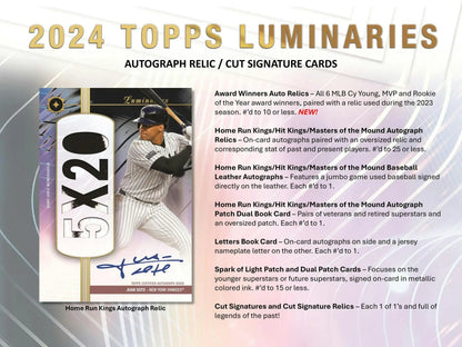 Baseball card advertisement for 2024 Topps Luminaries Hobby Box featuring home run kings