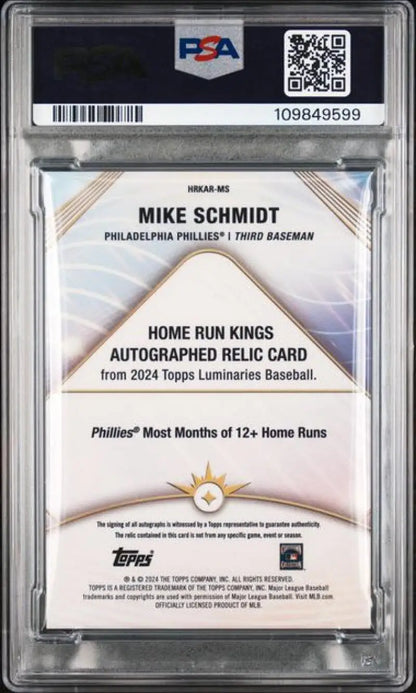Graded Mike Schmidt autographed relic baseball card from 2024 Topps Luminaries Blue series
