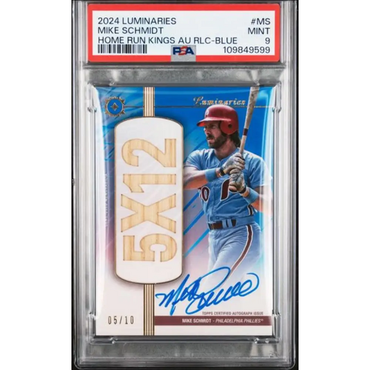 2024 Topps Luminaries Blue #HRKARMS Mike Schmidt PSA 9 MINT MEM Auto 5/10 Philadelphia Phillies Baseball Card
