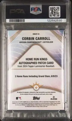 Graded baseball trading card of Corbin Carroll Home Run Kings Patch from Topps Luminaries