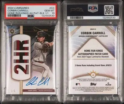 Two graded collectible baseball cards featuring Corbin Carroll from 2024 Topps Luminaries Corbin Carroll Home Run Kings Patch 1/1 PSA 10