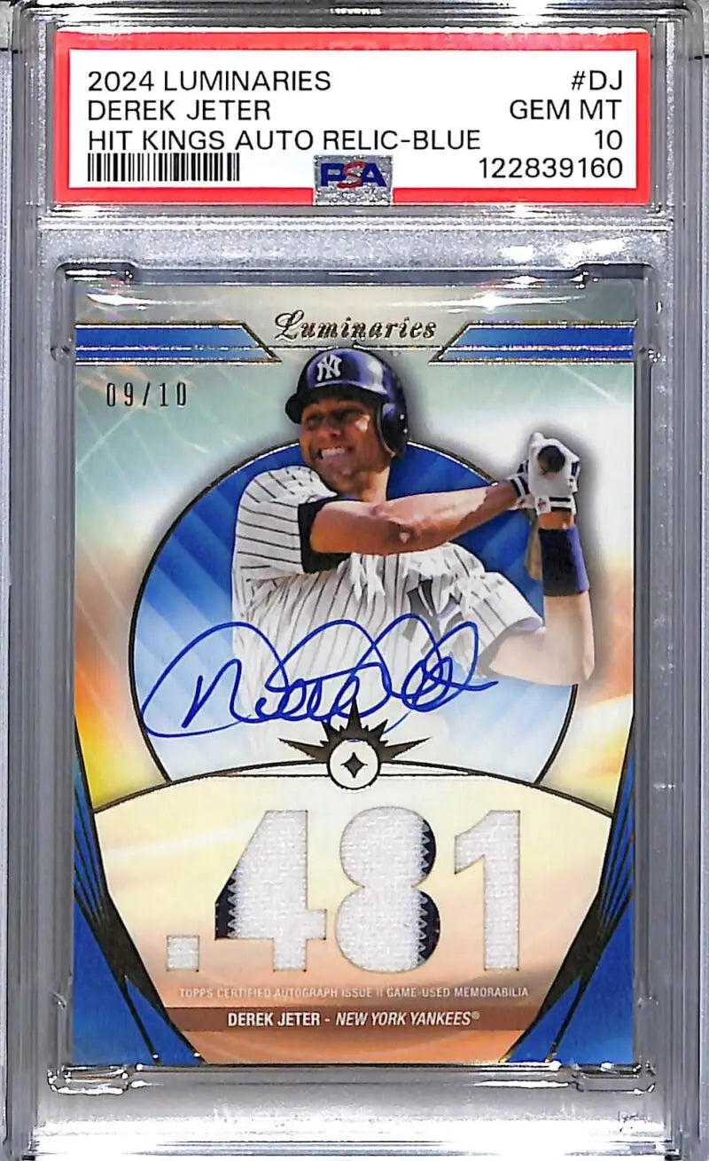 2024 Topps Luminaries Hit Kings Blue #HKAR-DJ Derek Jeter PSA 10 GEM MINT MEM Auto 9/10 New York Yankees - Baseball Card
