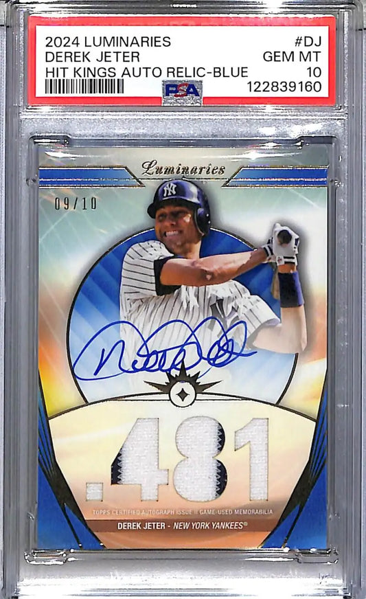 2024 Topps Luminaries Hit Kings Blue #HKAR-DJ Derek Jeter PSA 10 GEM MINT MEM Auto 9/10 New York Yankees - Baseball Card