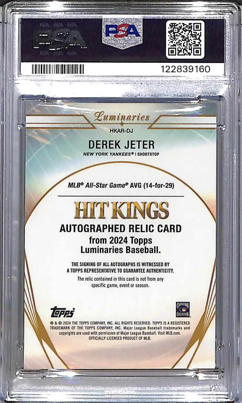 2024 Topps Luminaries Hit Kings Blue #HKAR-DJ Derek Jeter PSA 10 GEM MINT MEM Auto 9/10 New York Yankees - Baseball Card