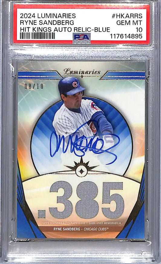 2024 Topps Luminaries Hit Kings Blue #HKAR-RS Ryne Sandberg PSA 10 GEM MINT MEM Auto 08/10 Chicago Cubs