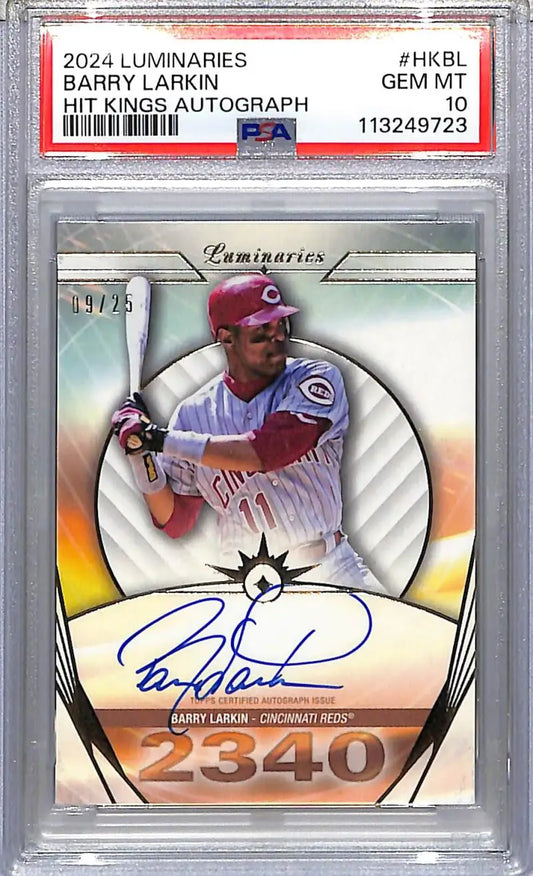 Graded Barry Larkin autographed baseball card from Cincinnati Reds in GEM MINT condition