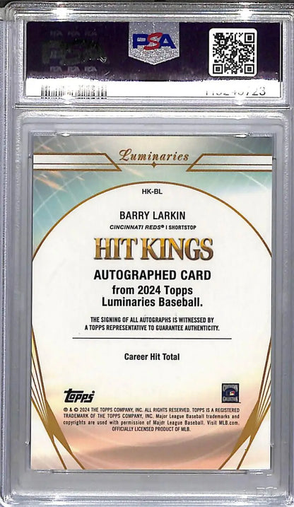 Graded Barry Larkin autographed baseball card featuring Cincinnati Reds in GEM MINT condition