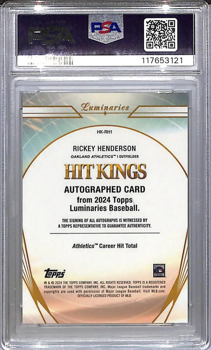 Graded Rickey Henderson baseball card from 2024 Topps Luminaries Hit Kings series