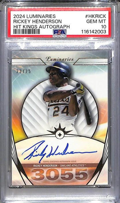 2024 Topps Luminaries Hit Kings #HK-RICK Rickey Henderson PSA 10 GEM MINT Auto 23/25 Oakland Athletics