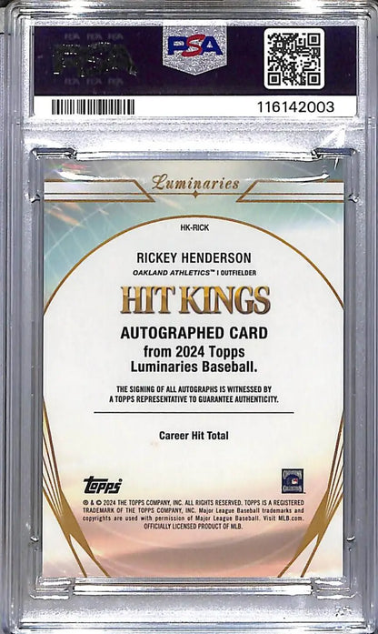 2024 Topps Luminaries Hit Kings #HK-RICK Rickey Henderson PSA 10 GEM MINT Auto 23/25 Oakland Athletics