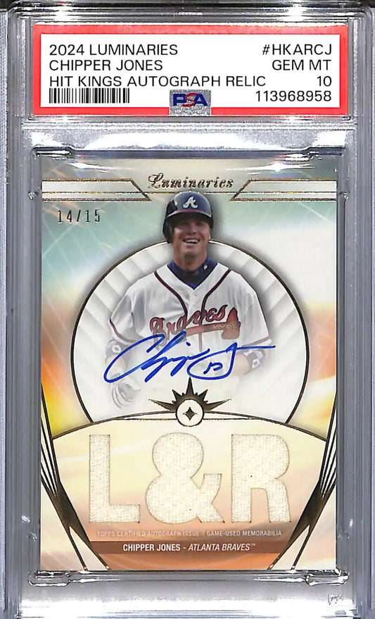 Graded Chipper Jones autographed baseball card from 2024 Topps Luminaries Hit Kings series