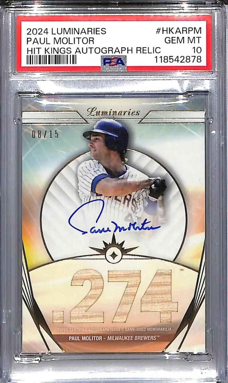 Paul Molitor autographed baseball card with game-used relic from 2024 Topps Luminaries Hit, GEM MINT