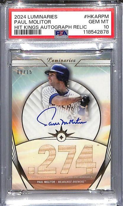 Paul Molitor autographed baseball card with game-used relic from 2024 Topps Luminaries Hit, GEM MINT