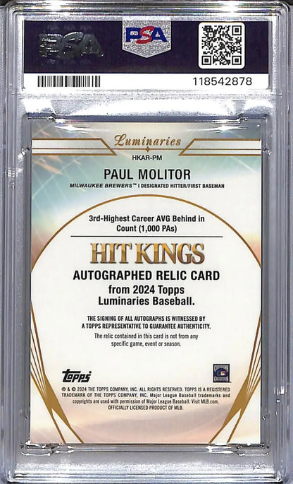 Paul Molitor autographed relic baseball card from 2024 Topps Luminaries Hit Kings, GEM MINT