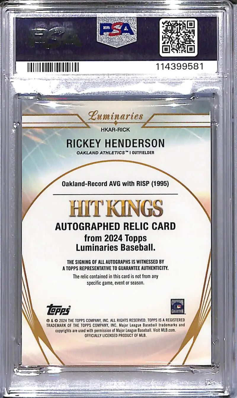 Rickey Henderson autographed relic baseball card from Topps Luminaries Hit series featuring Oakland Athletics
