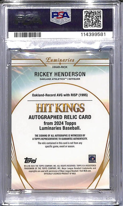Rickey Henderson autographed relic baseball card from Topps Luminaries Hit series featuring Oakland Athletics