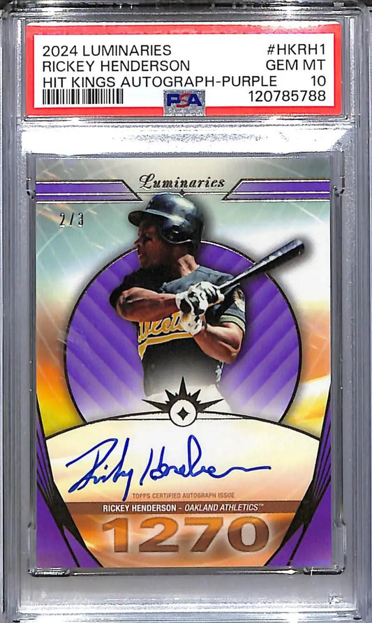 2024 Topps Luminaries Hit Kings Purple #HK-RH1 Rickey Henderson PSA 10 GEM MINT Auto 2/3 Oakland Athletics