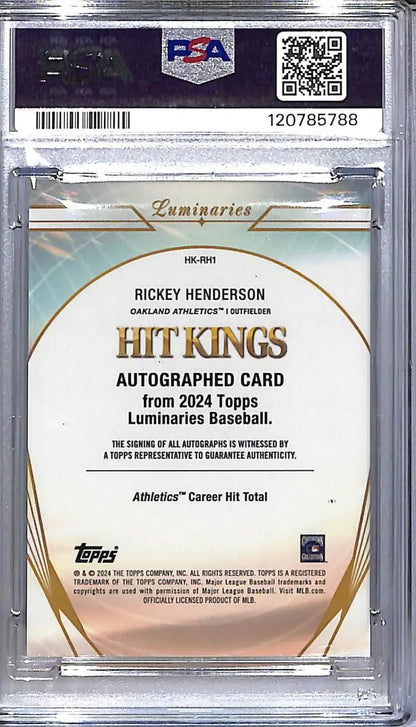 2024 Topps Luminaries Hit Kings Purple #HK-RH1 Rickey Henderson PSA 10 GEM MINT Auto 2/3 Oakland Athletics