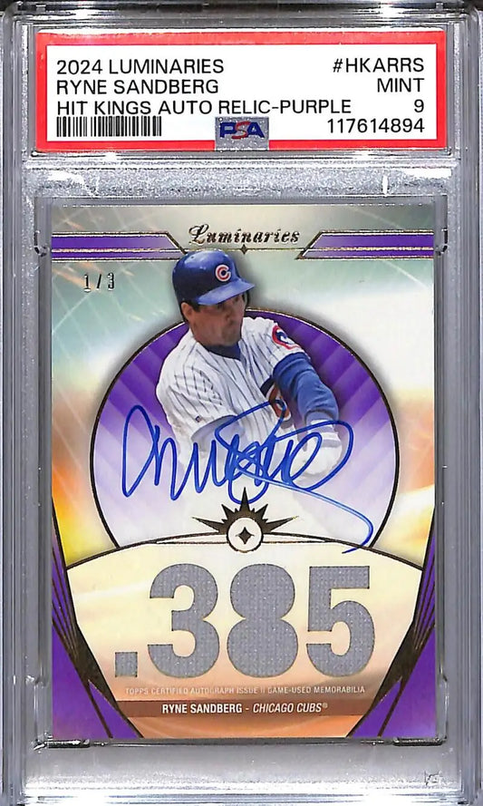 2024 Topps Luminaries Hit Kings Purple #HKAR-RS Ryne Sandberg PSA 9 MINT MEM Auto 1/3 Chicago Cubs