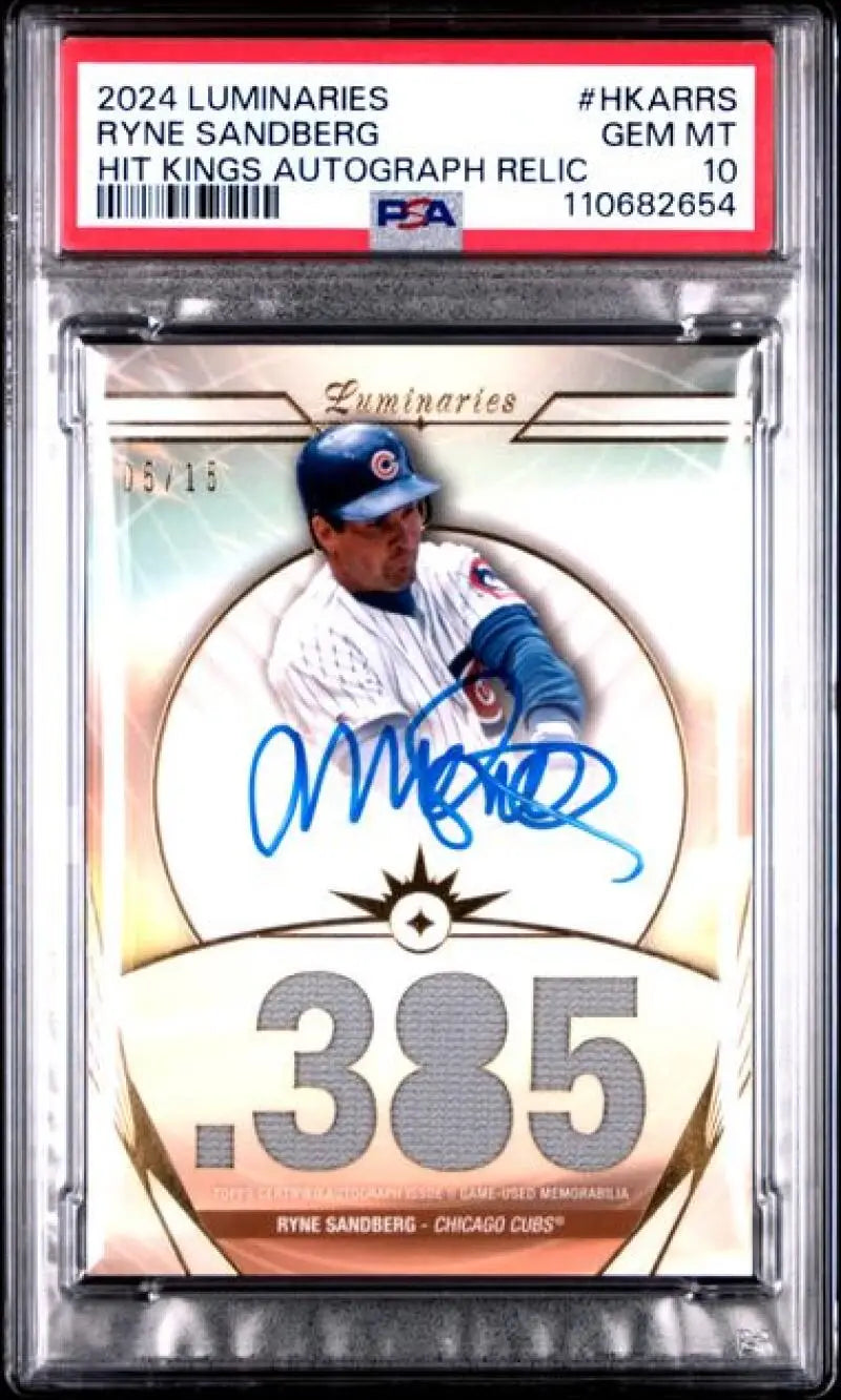 2024 Topps Luminaries #HKARRS Ryne Sandberg PSA 10 GEM MINT MEM Auto 5/15 Chicago Cubs Baseball Card