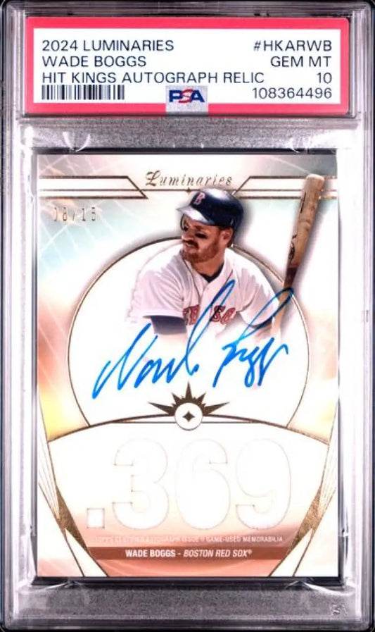 Graded Wade Boggs autographed baseball card featuring Boston Red Sox, gem mint condition