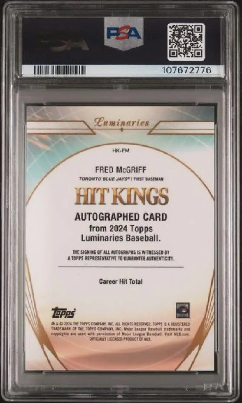 Graded Fred McGriff autographed Blue Jays baseball card from 2024 Topps Luminaries