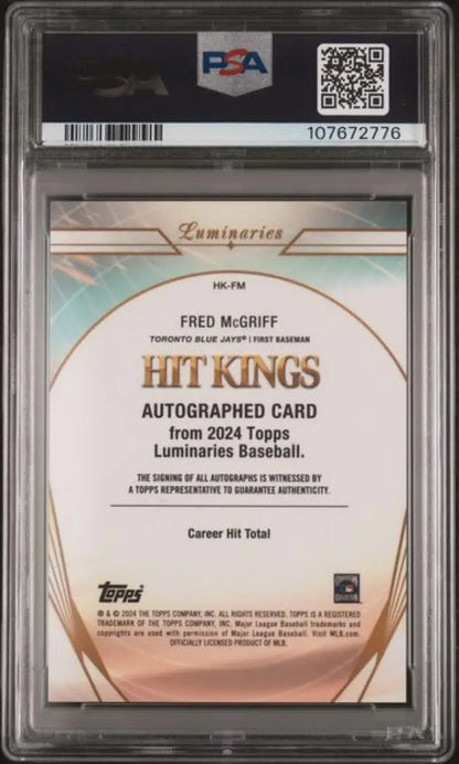 Graded Fred McGriff autographed Blue Jays baseball card from 2024 Topps Luminaries