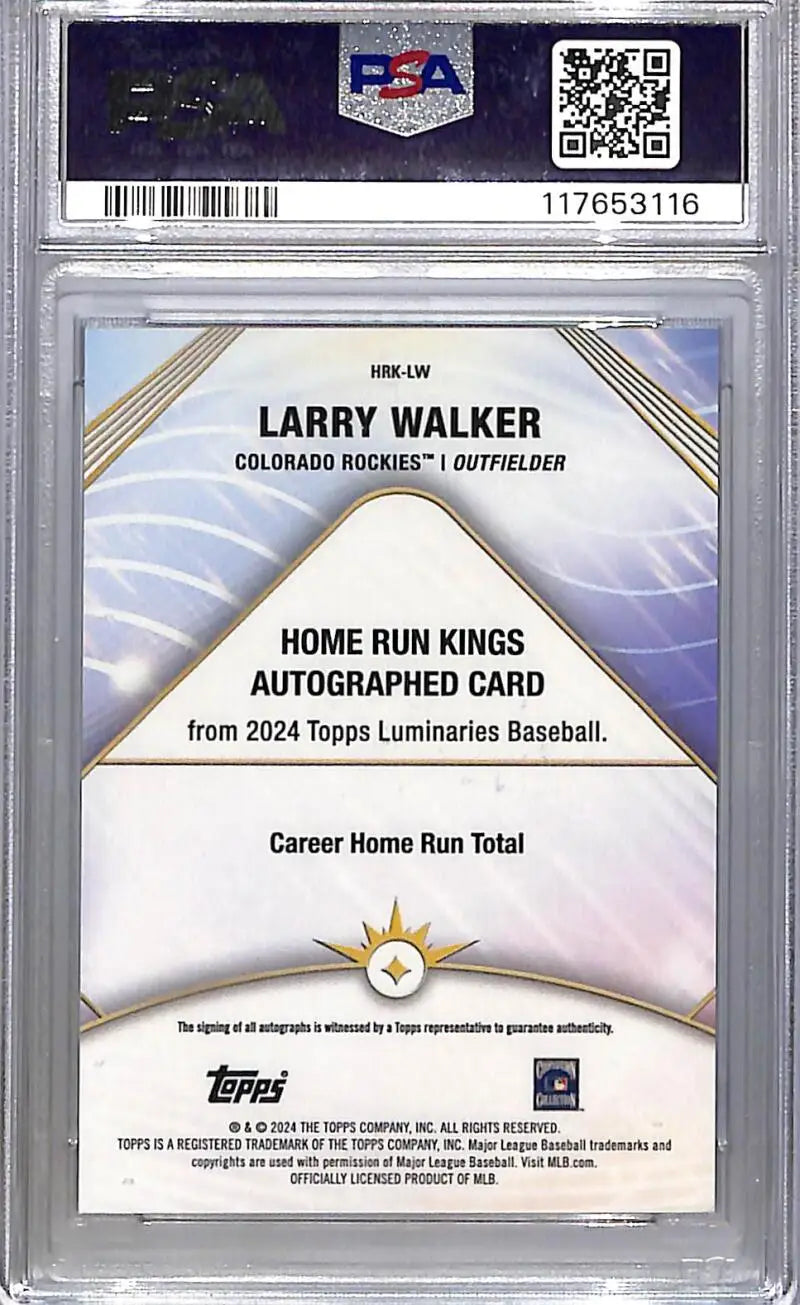 Graded Larry Walker autographed baseball card from 2024 Topps Luminaries Home Run Kings series