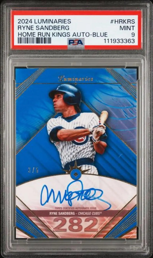 2024 Topps Luminaries Home Run Kings Blue #HRK-RS Ryne Sandberg PSA 9 MINT Auto 3/5 Chicago Cubs Baseball Card
