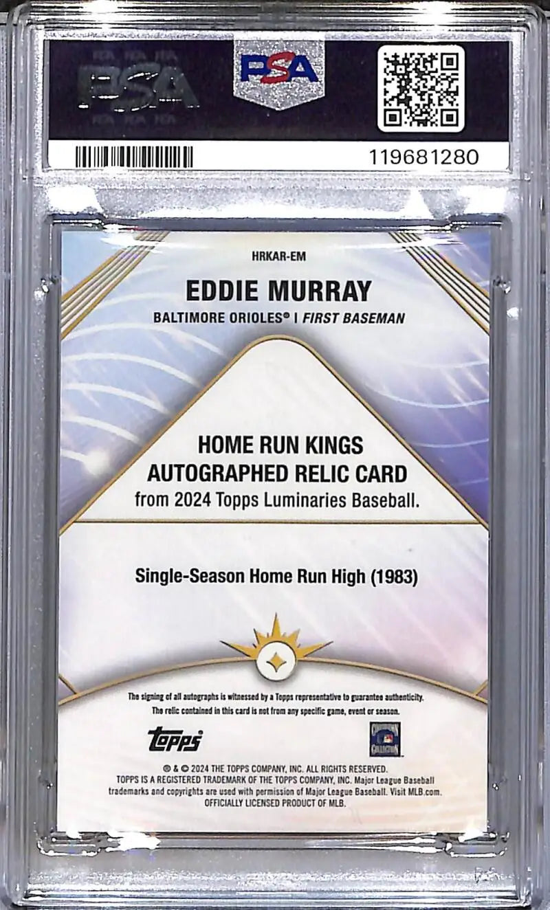 PSA-graded Eddie Murray autographed relic baseball card from 2024 Topps Luminaries Home Run Kings