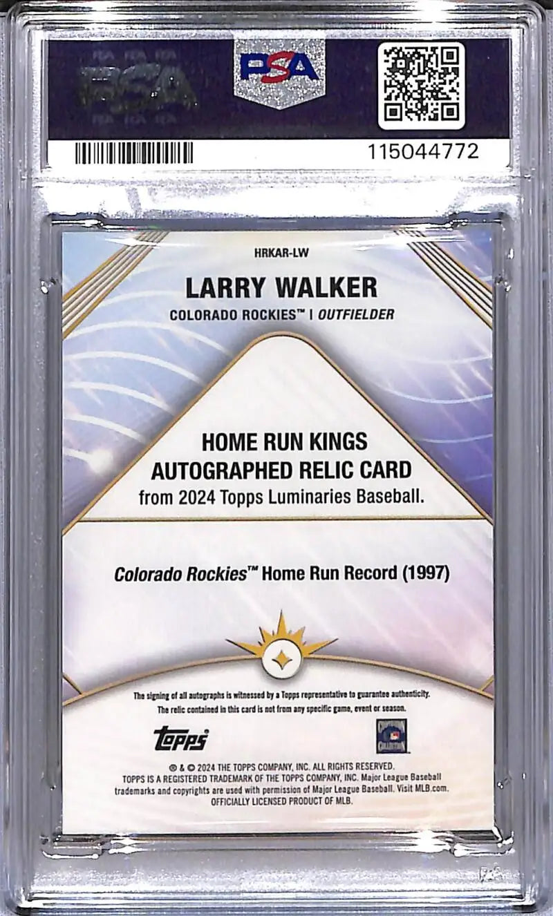 Graded Larry Walker autographed relic baseball card from 2024 Topps Luminaries Home Run Kings Blue series