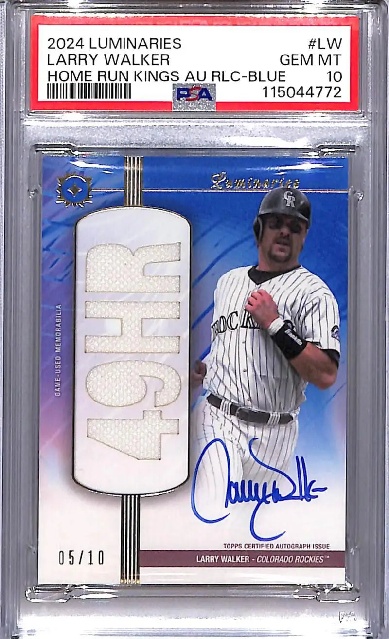 Larry Walker Home Run Kings Blue baseball card with autograph and game-used patch, numbered 05/10