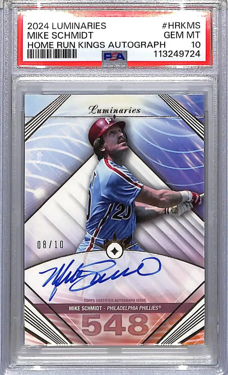 Graded Mike Schmidt autographed baseball card from 2024 Topps Luminaries Home Run Kings series