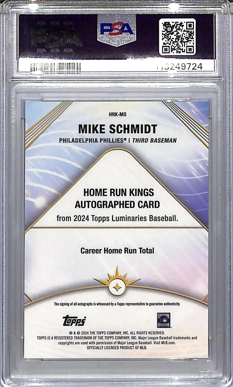 Graded Mike Schmidt autographed baseball card featuring home run highlights, PSA 10 GEM MINT
