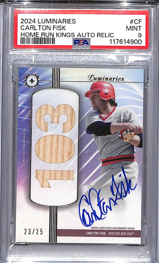 Carlton Fisk autographed baseball card from 2024 Topps Luminaries featuring Boston Red Sox home run record