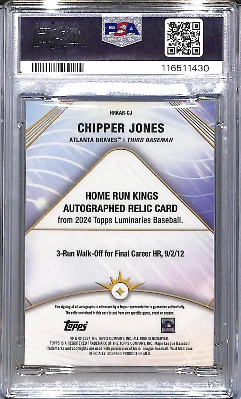 2024 Topps Luminaries Home Run Kings #HRKAR-CJ Chipper Jones PSA 10 GEM MINT MEM Auto 8/25 Atlanta Braves - Sports Card