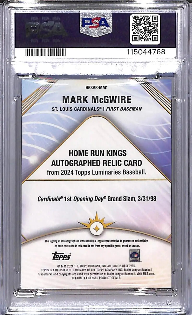 Mark McGwire autographed relic baseball card from 2024 Topps Luminaries, gem mint graded