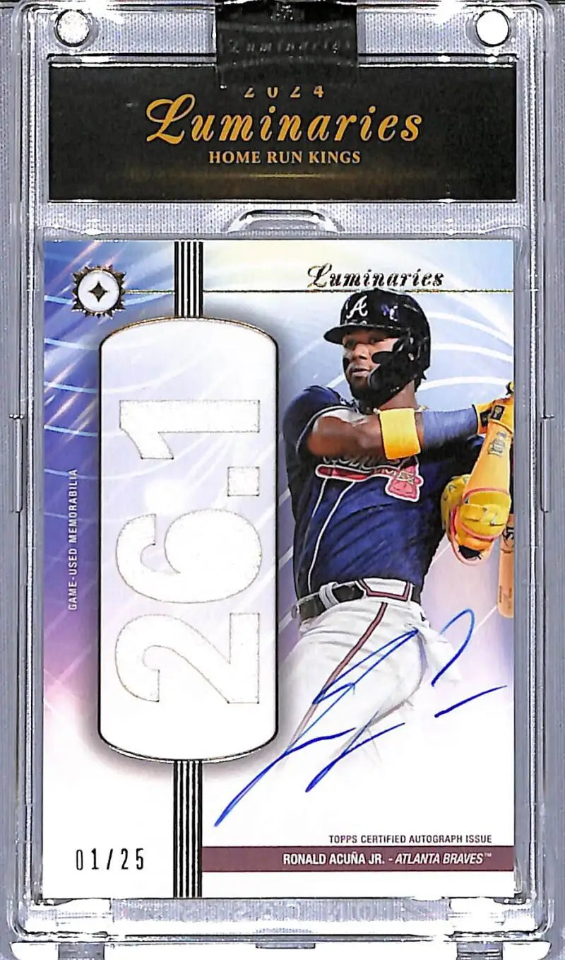 Encased Ronald Acuna Jr. baseball card with autograph and bat relic from Topps Luminaries Home