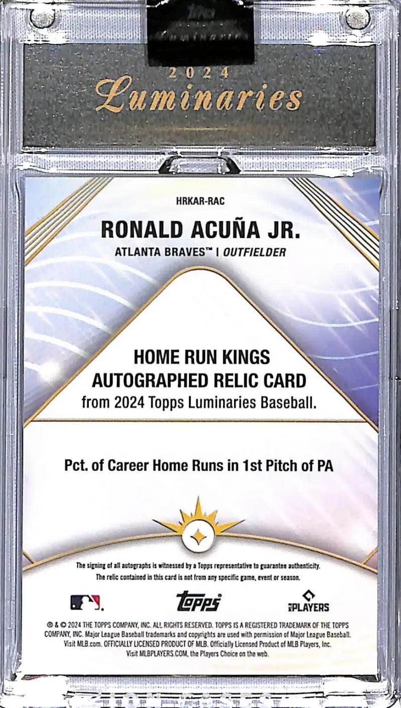 Encased Ronald Acuña Jr autographed relic baseball card from 2024 Topps Luminaries Home Run Kings