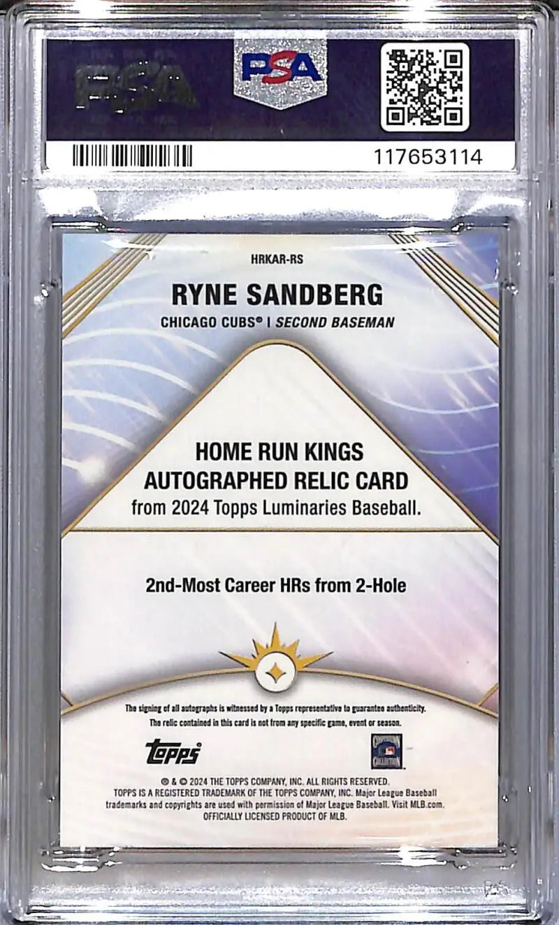 Graded Ryne Sandberg baseball card from 2024 Topps Luminaries Home Run Kings series