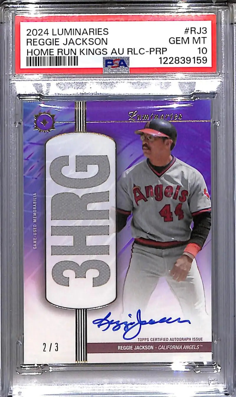 2024 Topps Luminaries Home Run Kings Purple #HRKAR-RJ3 Reggie Jackson PSA 10 GEM MINT MEM Auto 2/3 California Angels