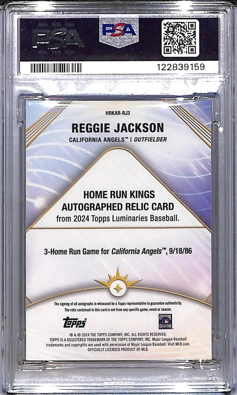 2024 Topps Luminaries Home Run Kings Purple #HRKAR-RJ3 Reggie Jackson PSA 10 GEM MINT MEM Auto 2/3 California Angels