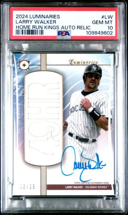 Graded Larry Walker baseball card from 2024 Topps Luminaries series with auto and memorabilia