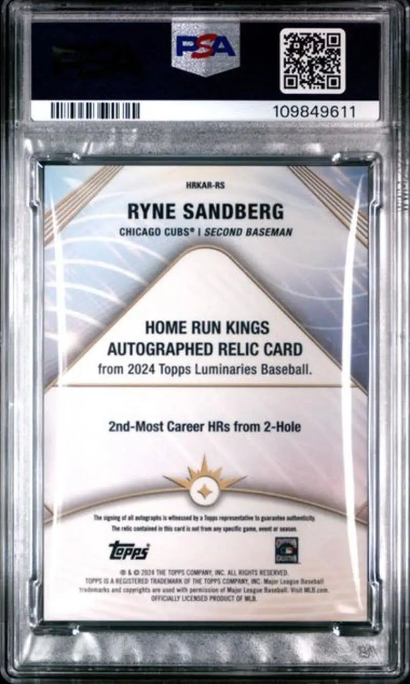 2024 Topps Luminaries #HRKARRS Ryne Sandberg PSA 10 GEM MINT MEM Auto 13/25 Chicago Cubs Baseball Card