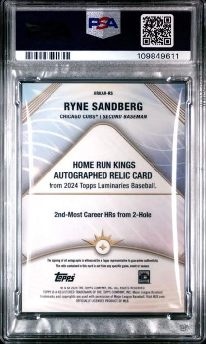 2024 Topps Luminaries #HRKARRS Ryne Sandberg PSA 10 GEM MINT MEM Auto 13/25 Chicago Cubs Baseball Card