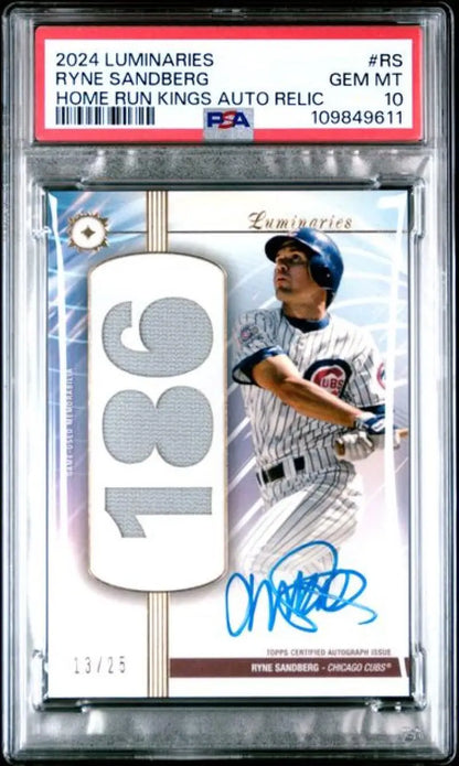2024 Topps Luminaries #HRKARRS Ryne Sandberg PSA 10 GEM MINT MEM Auto 13/25 Chicago Cubs Baseball Card